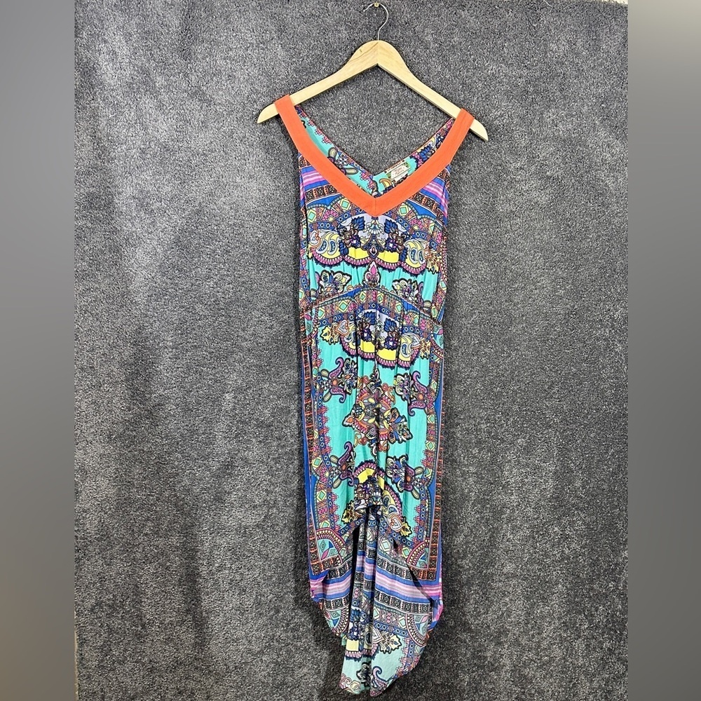 Flying Tomato Boho Scarf Print V-Neck Dress M Festival Maxi Hem Rayon